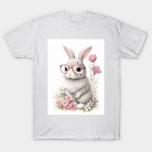 Bunny with pink glasses and flowers T-Shirt